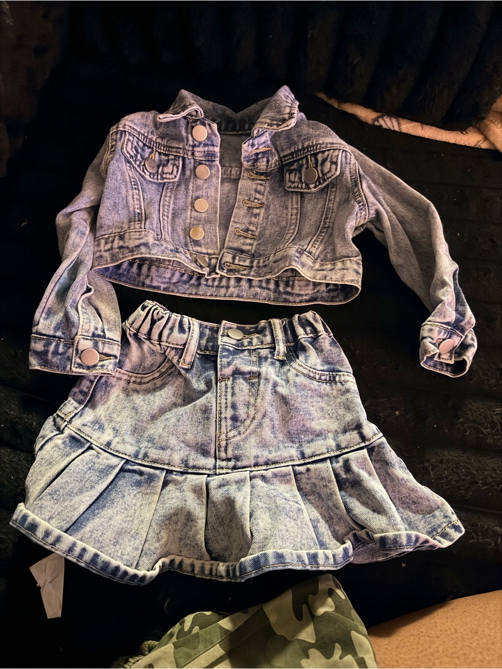 Girls Acid Wash Denim Jacket and Skirt Set - Light Blue